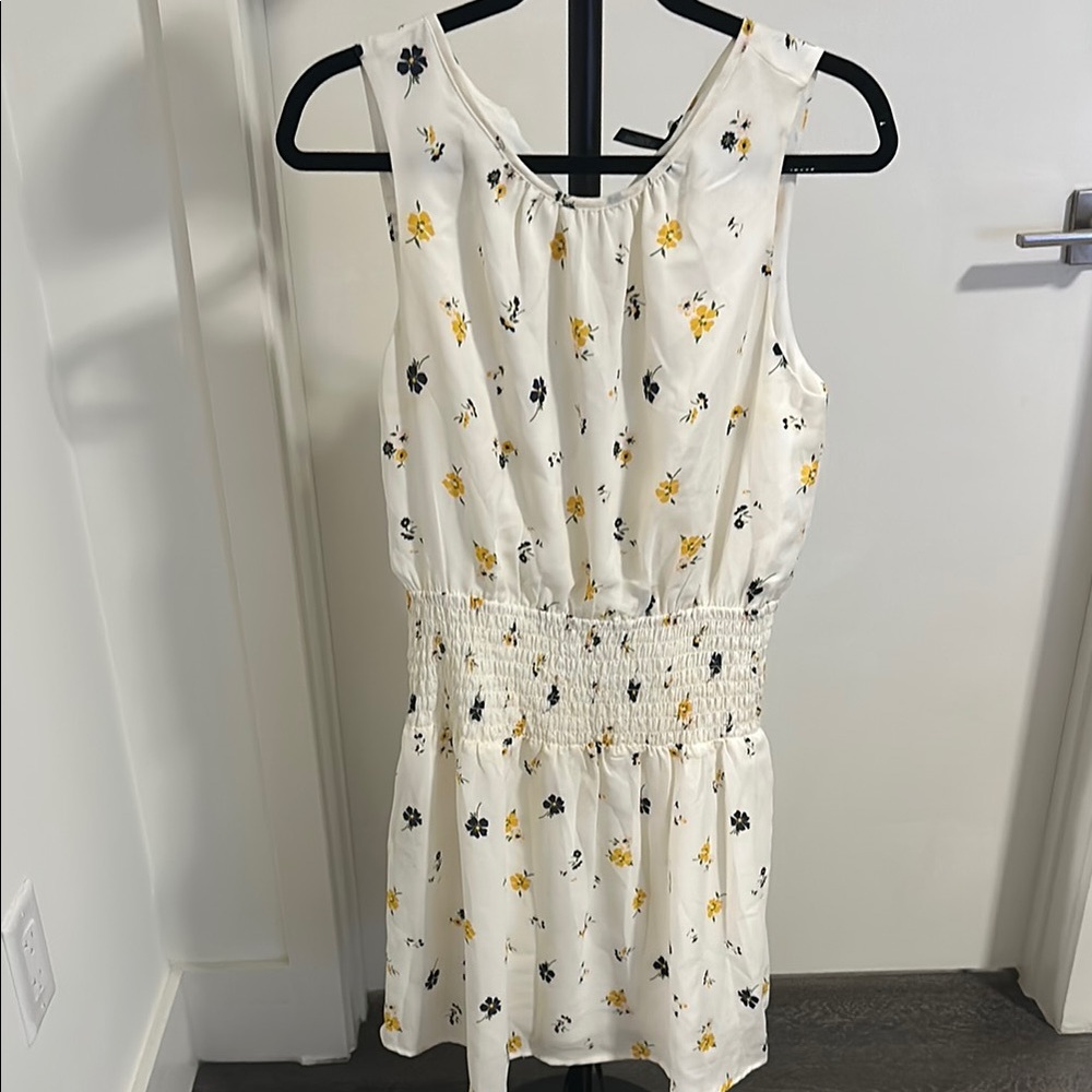 Floral Sleeveless Dress - White with Yellow and Black Accents